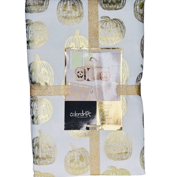 COLORDRIFT NWT pumpkin party printed metallic tablecloth -gold/white -60x84 - Picture 1 of 3